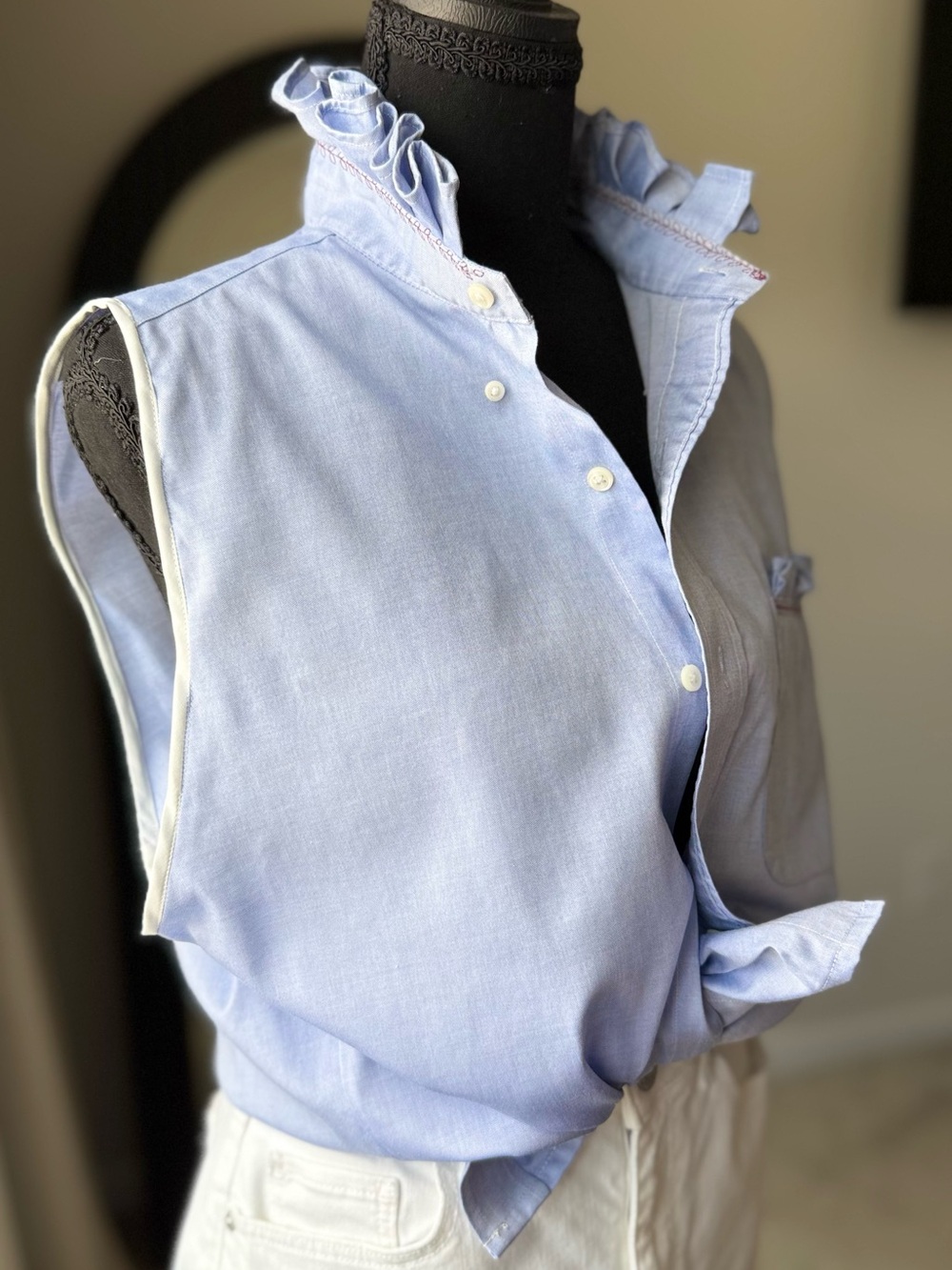Lauren Ralph Lauren Chambray Blouse Upcycled Ruffle Blouse Embroidered M